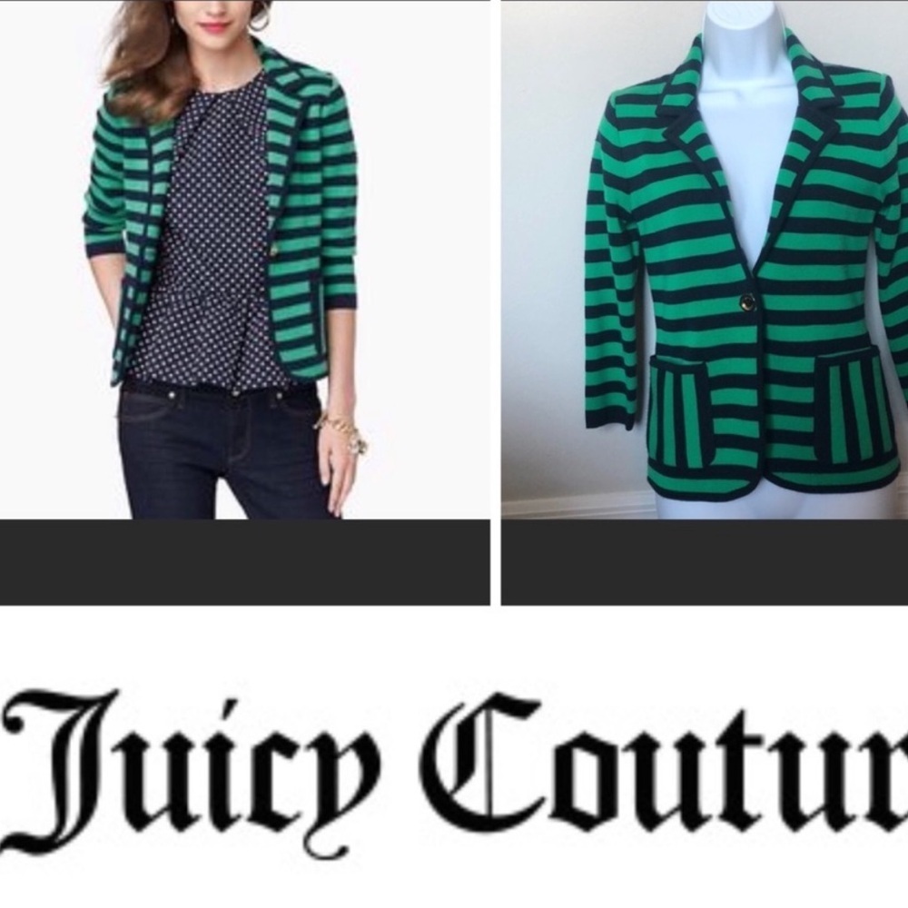 Juicy Couture Wool Knit Blazer Green Navy Stripes Size M Preppy Y2K